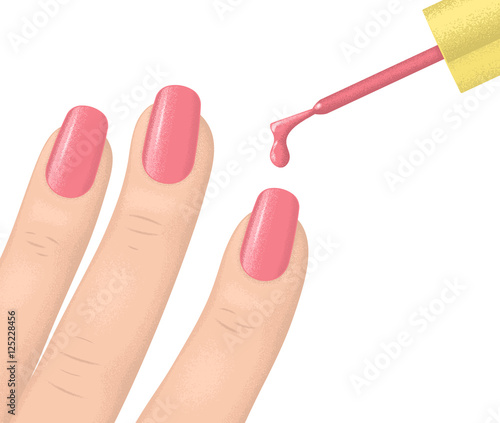 Fingers of woman hand  with varnished nails. Brush with drop of varnish