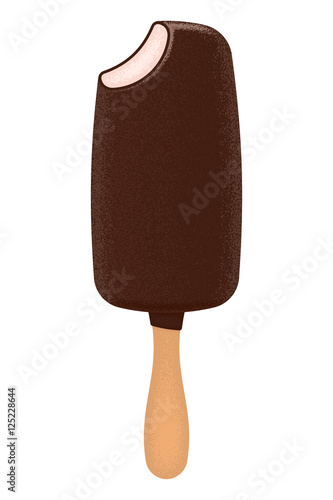 Illustration of chocolate ice cream  with a piece bitten off. Isolated on white