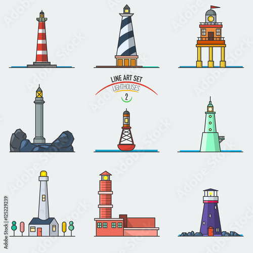 Vector set of cartoon line art lighthouses. Searchlight towers for maritime navigation guidance. Ocean beacon light vector tower lighthouse. Vector illustration.