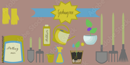 Foto Vector set of gardening care icons: package of soil, fertilizer, flowerpots, measuring glass, watering can, spray, broom, rakes, spades, garden instruments
