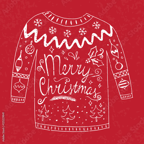 Sweater with text "merry christmas" and different christmas orna