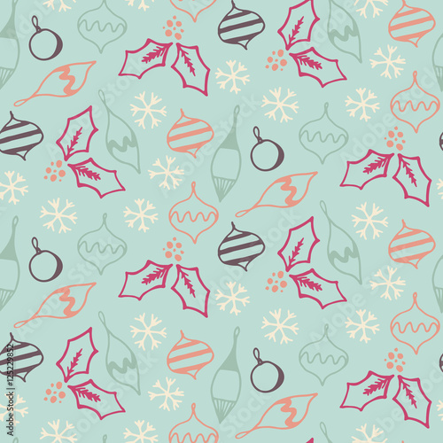 Seamless pattern with different christmas tree toys and snowflak