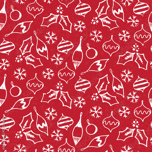 Seamless pattern with different christmas tree toys and snowflak