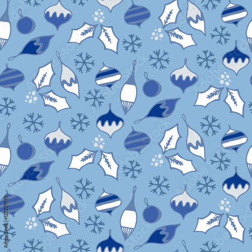 Seamless pattern with different christmas tree toys and snowflak