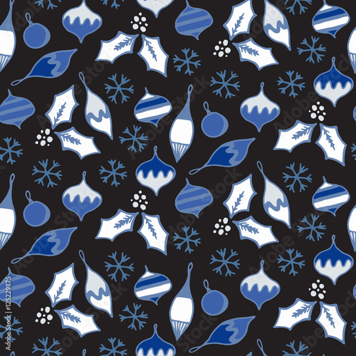 Seamless pattern with different christmas tree toys and snowflak