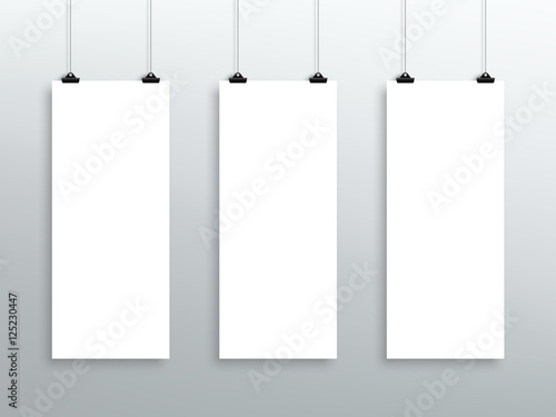 3 Vector Hanging Blank White Long Sheets From Clips photo