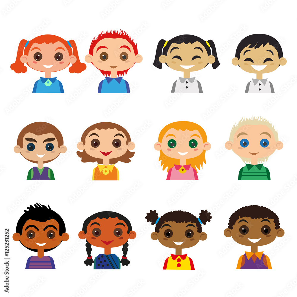 Kids of different nationality. Child Avatar set. Cartoon happy smiling Girls and boys of different colors, countries and nations. Vector illustration Kids of different nationality. Child Avatar set. Cartoon happy smiling Girls and boys of different colors, countries and nations. Vector illustration