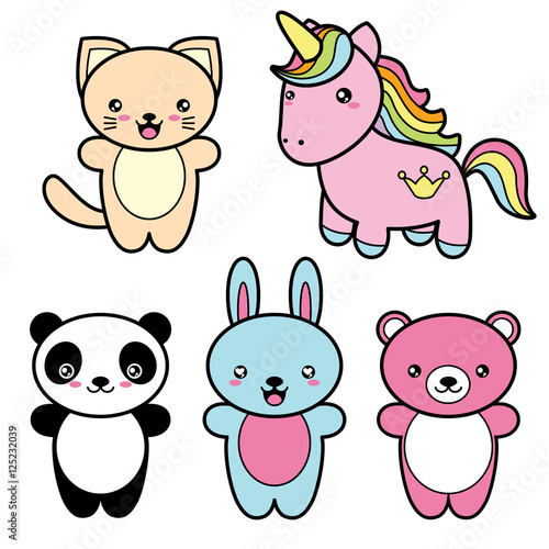 Set collection of cute kawaii style happy smiling animals.