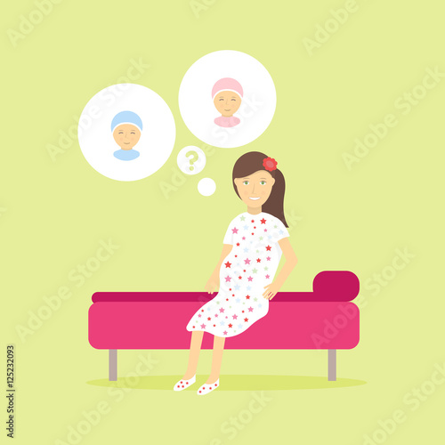 Cute pregnant woman dreaming about her future children. Concept design of the isolated character of women think a boy or girl. The joy of motherhood and caring for a new life