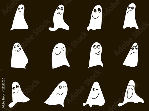 Black and white sketches of hand drawn emotional ghosts, vector illustration