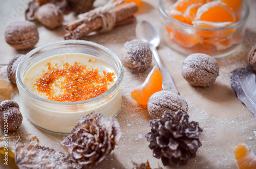 Cream Brulee on Decorative Christmas Background