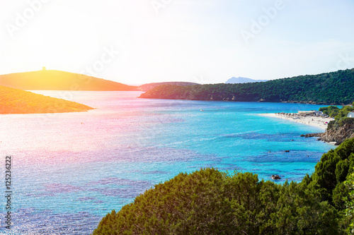 Panoramic view of paradise beach with white sand and multicolor sea photo