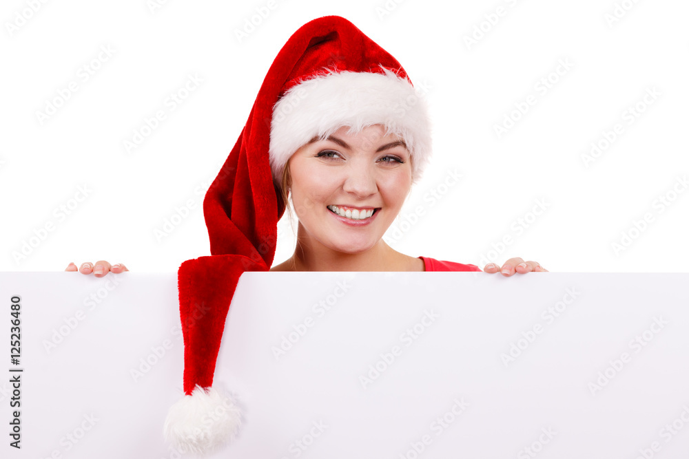 Woman with blank empty banner board. Christmas Woman with blank empty banner board. Christmas