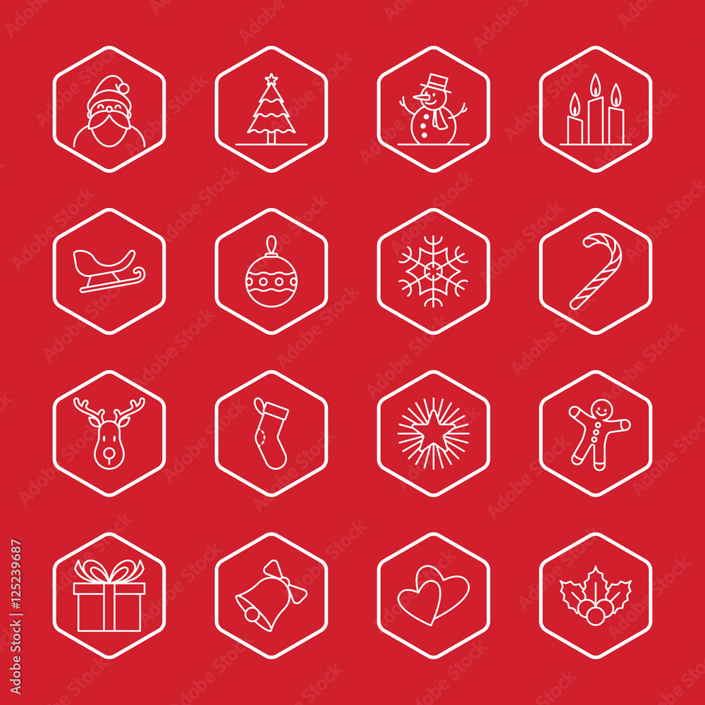 Christmas and new year icon set vector illustration - white outline with hexagon frame
