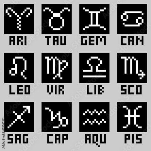 vector pixel art set of zodiac signs in black and white with name