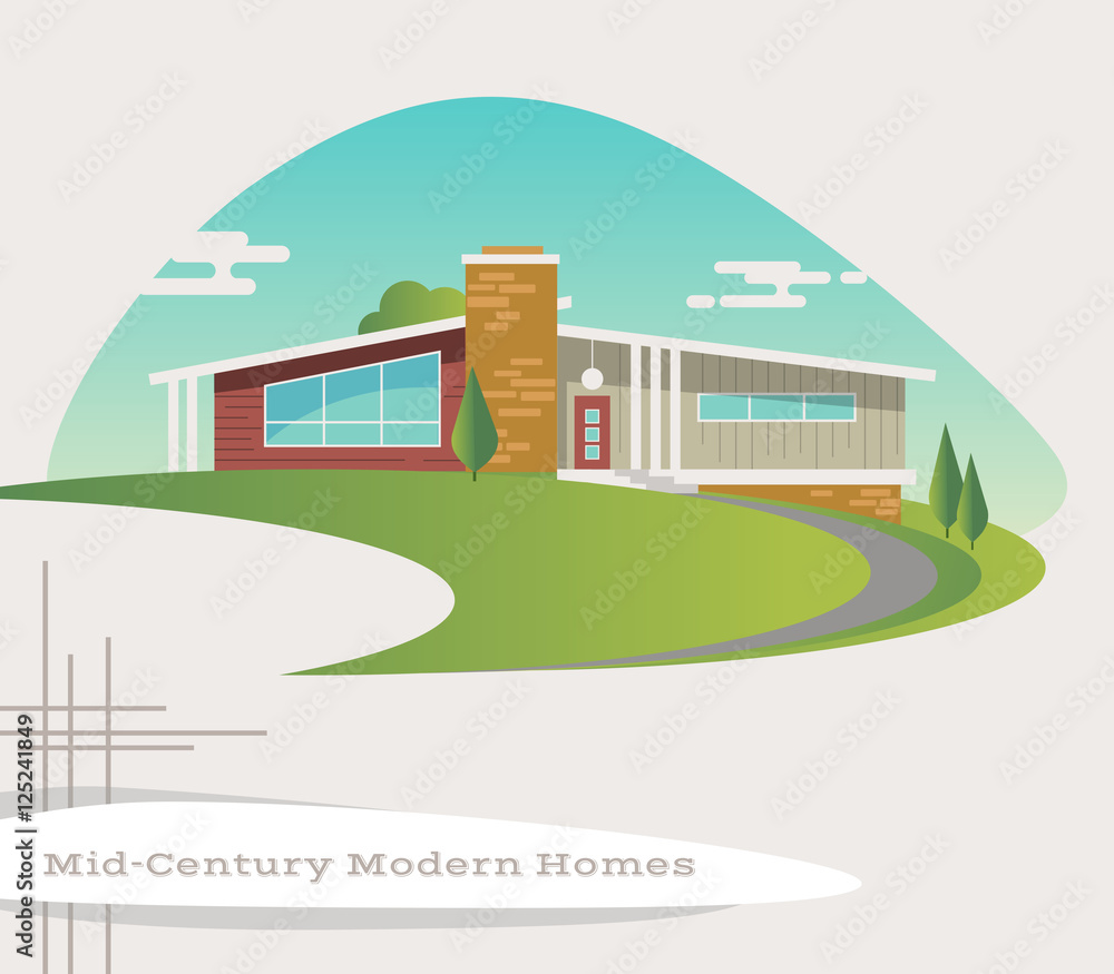 mid century modern style house. retro vector illustration
