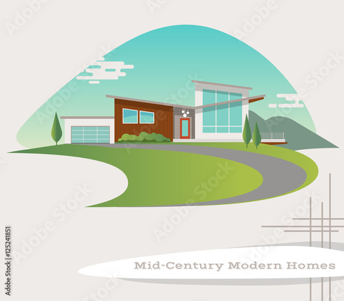 mid century modern style house. retro vector illustration photo