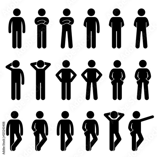 Various Basic Standing Human Man People Body Languages Poses Postures Stick Figure Stickman Pictogram Icons Set