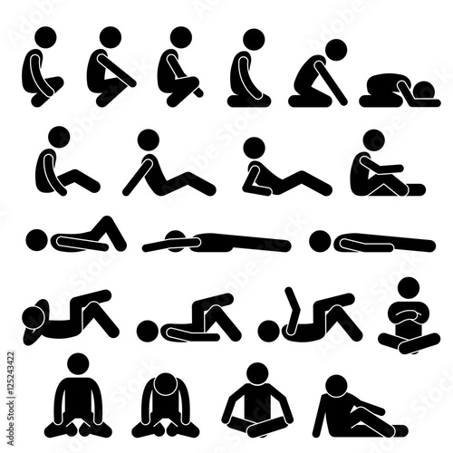 Various Squatting Sitting Lying Down on the Floor Postures Positions Human Man People Stick Figure Stickman Pictogram Icons