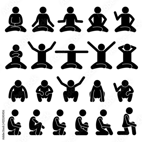 Human Man People Sitting and Squatting on the Floor Poses Postures Stick Figure Stickman Pictogram Icons