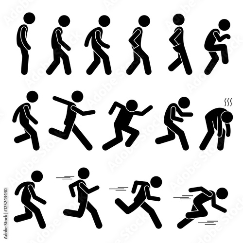 Various Human Man People Walking Running Runner Poses Postures Ways Stick Figure Stickman Pictogram Icons