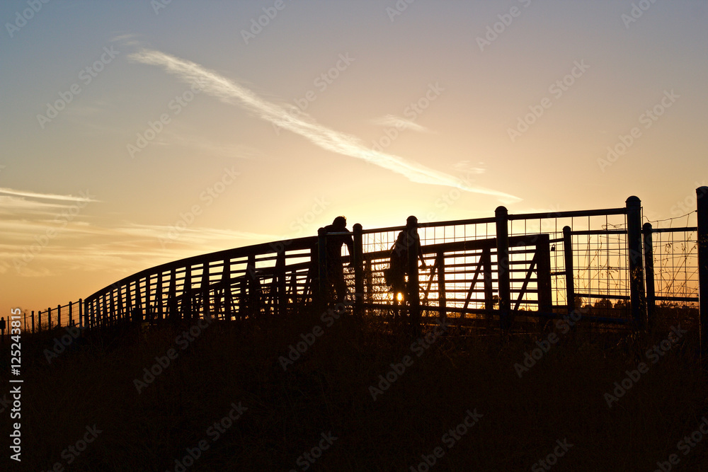 Fototapeta premium Cyclists at Sunset-a silhouette of a pair of cyclists crossing a footbridge at sunset
