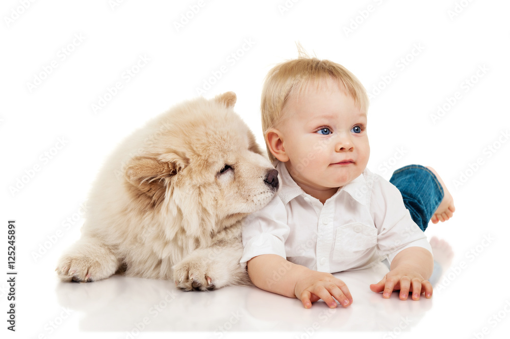 Little boy with chow-chow puppie Little boy with chow-chow puppie
