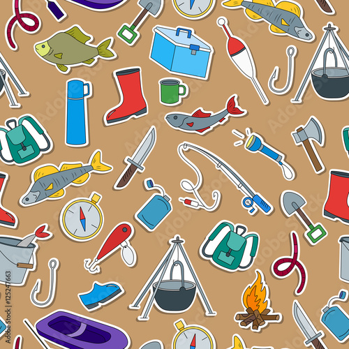 Seamless pattern on the theme of fishing, a simple hand-drawn icons on brown background