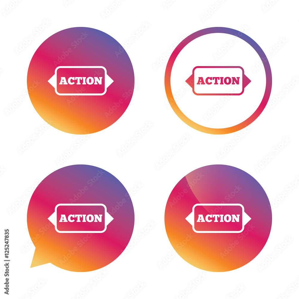 Action sign icon. Motivation button with arrow. Action sign icon. Motivation button with arrow.