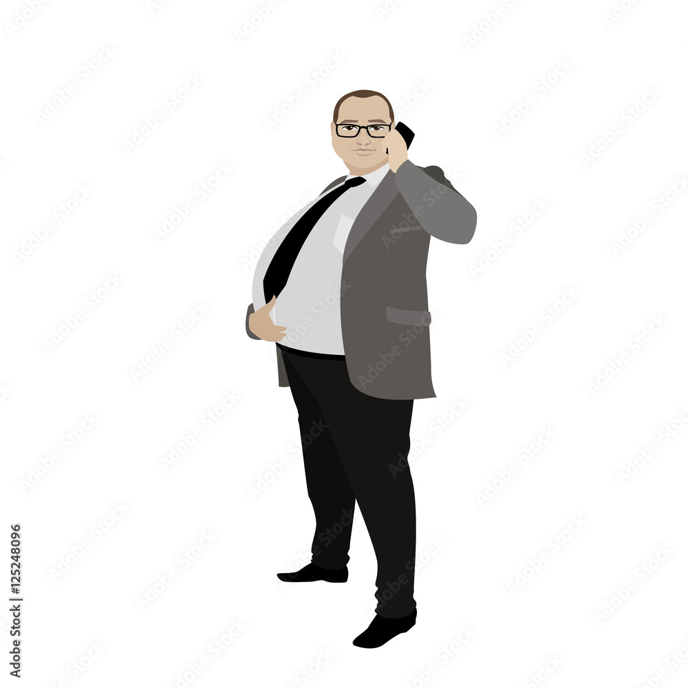 Obraz premium cartoon fat businessman with cell phone, isolated on white backg