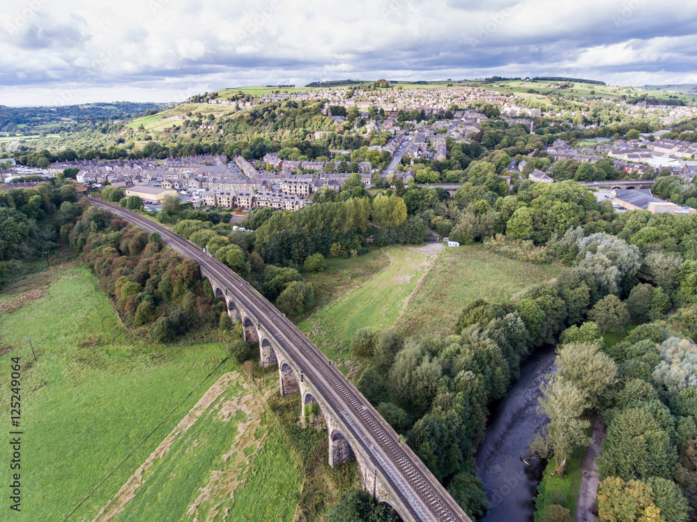 Aerial view of sideways railway over the bridge.