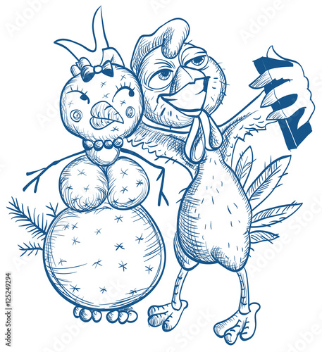 Funny selfie Blue cock and snowman
