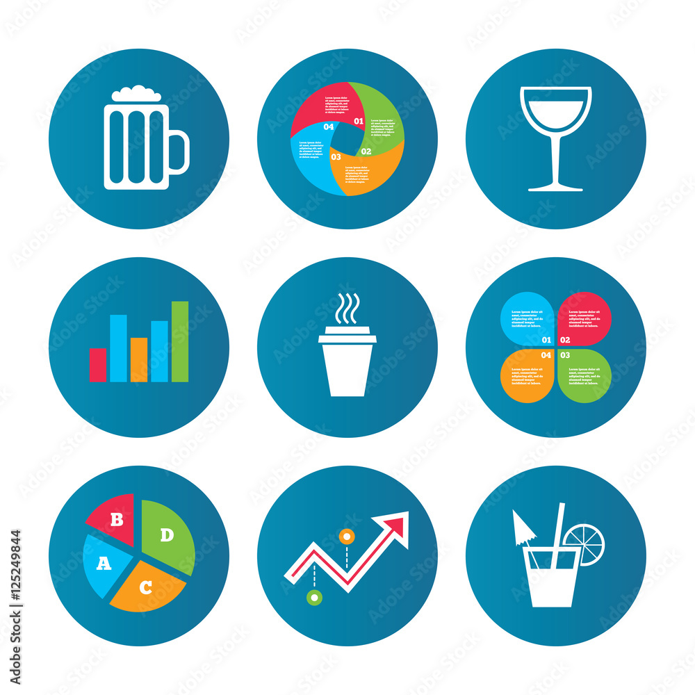 Drinks signs. Coffee cup, glass of beer icons. Drinks signs. Coffee cup, glass of beer icons.