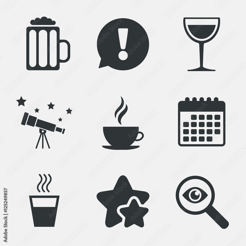 Drinks signs. Coffee cup, glass of beer icons. Drinks signs. Coffee cup, glass of beer icons.