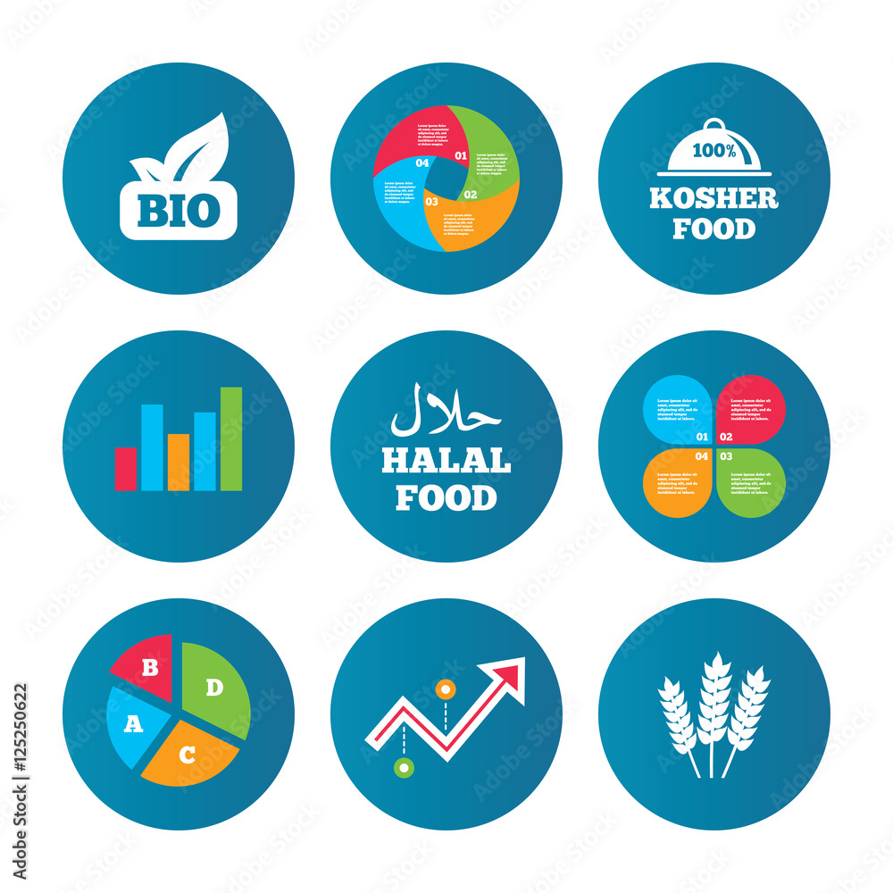 Natural Bio food icons. Halal and Kosher signs.