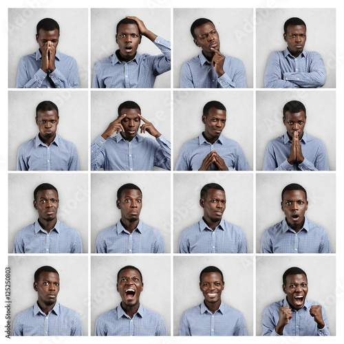 Set of African man dressed in blue shirt showing different emotions: sadness, surprise, anger. Collage of emotional male demonstrating various feelings and making diverse gestures on white background photo