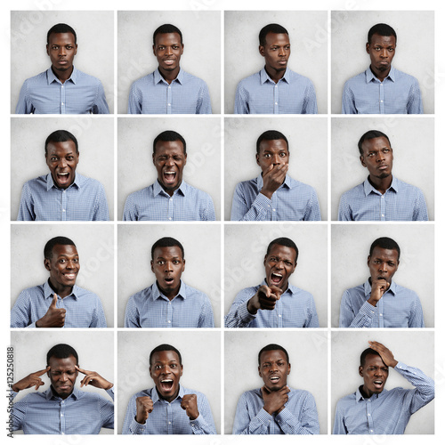 Mosaic of handsome dark-skinned man wearing blue chekered shirt expressing different emotions. Collage of young businessman or office worker with diverse face expressions, gesturing in studio