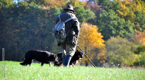 Schäfer mit seinen Hunden in herbstlicher Landschaft photo