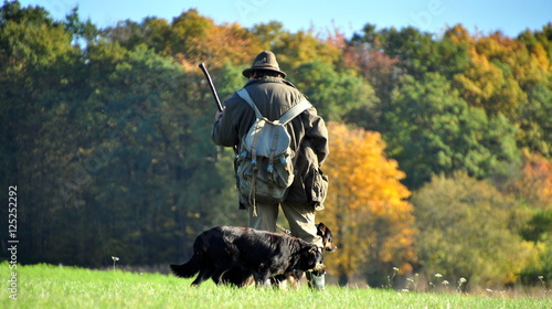 Schäfer mit seinen Hunden in herbstlicher Landschaft photo