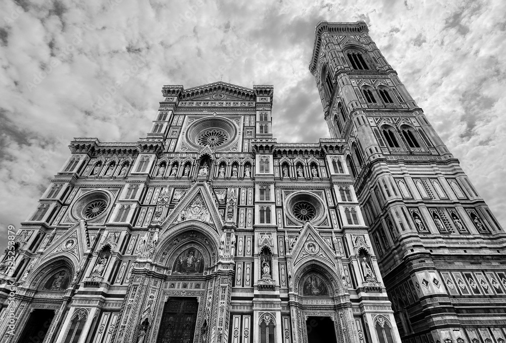 Gothic facade of the Florence cathedral Basilica di Santa Maria del Fiore in stunning black and white
