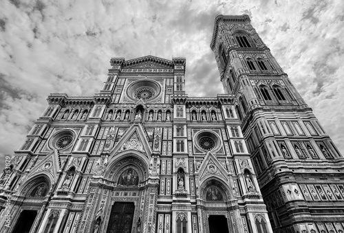 Gothic facade of the Florence cathedral Basilica di Santa Maria del Fiore in stunning black and white