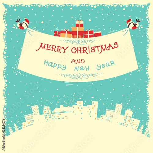 Merry christmas and new year card with bullfinches flying under