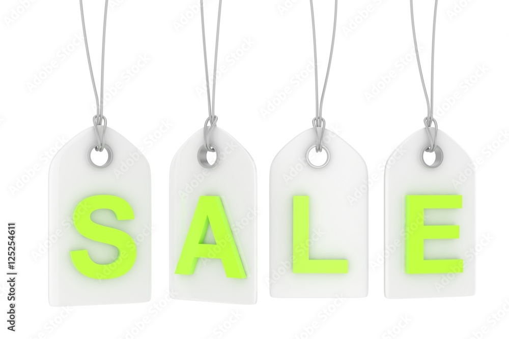 Colorful isolated sale labels on white background. Price tags. Special offer and promotion. Store discount. Shopping time. Green letters on white labels. 3D rendering.