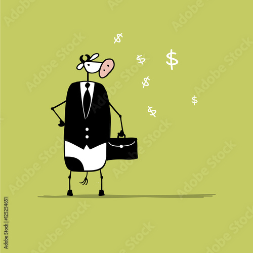 Funny bull businessman with suitcase, sketch