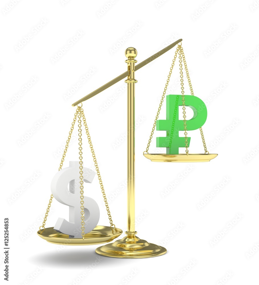 Isolated old fashioned pan scale with dollar and ruble on white background. American and russian currency. Dollar is heavier. Silver usd, green rouble. 3D rendering. Isolated old fashioned pan scale with dollar and ruble on white background. American and russian currency. Dollar is heavier. Silver usd, green rouble. 3D rendering.