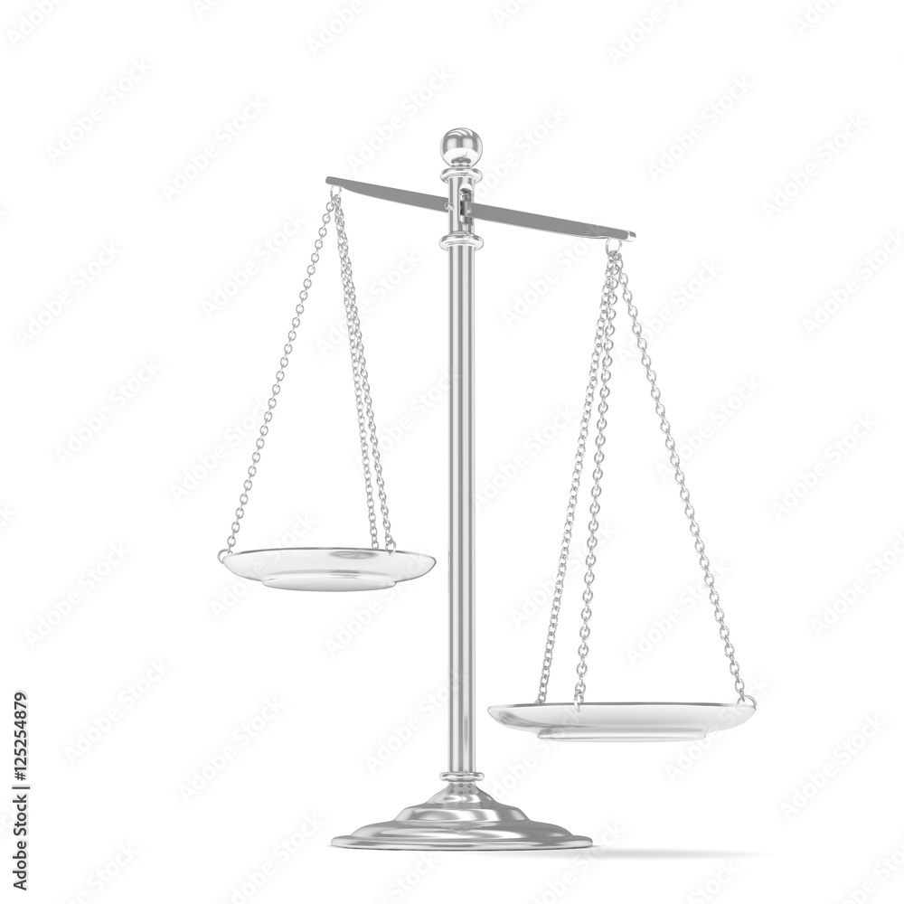 Isolated white silver scales on white background. Symbol of judgement. Law, measurement, liberty in one concept. 3D rendering. Isolated white silver scales on white background. Symbol of judgement. Law, measurement, liberty in one concept. 3D rendering.