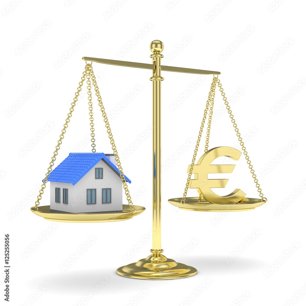 Isolated golden scales with golden euro and house on white background. Investment or savings concept. Real estate and currency. 3D rendering. Isolated golden scales with golden euro and house on white background. Investment or savings concept. Real estate and currency. 3D rendering.