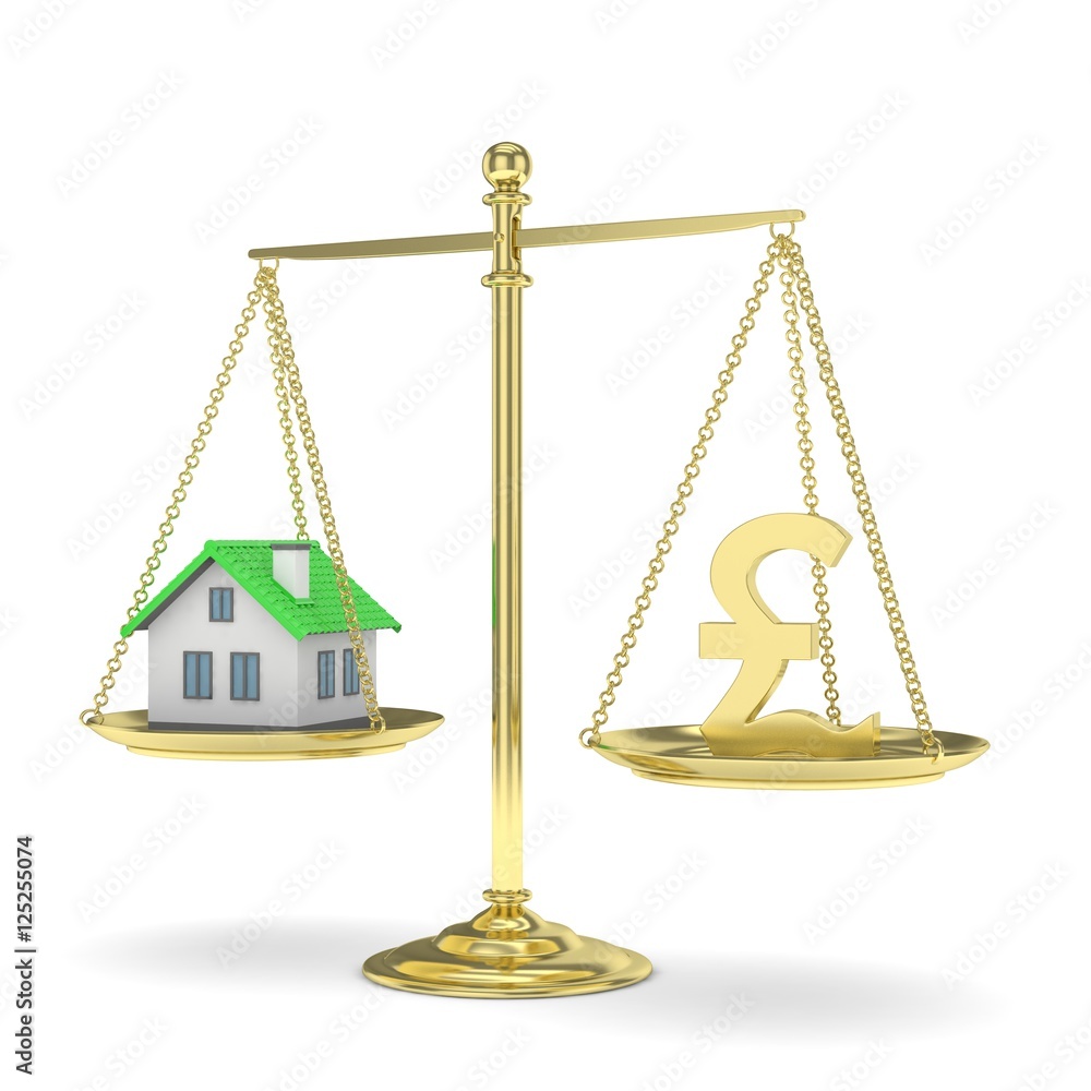 Isolated golden scales with golden pound and house on white background. Investment or savings concept. Real estate and currency. 3D rendering. Isolated golden scales with golden pound and house on white background. Investment or savings concept. Real estate and currency. 3D rendering.