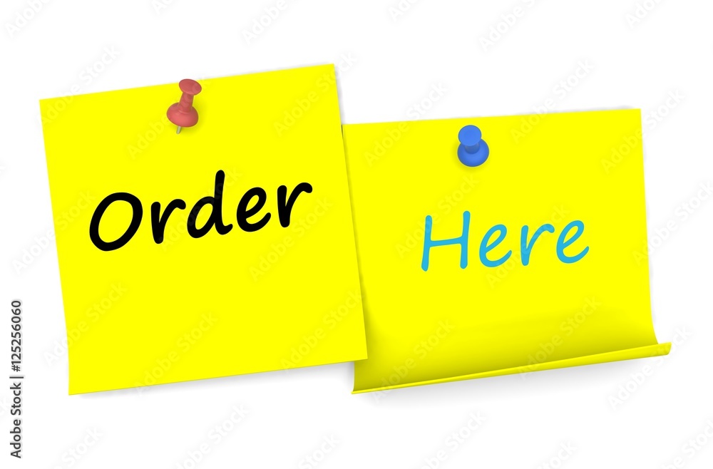 Order Here, message on note paper with pin, 3D rendering Order Here, message on note paper with pin, 3D rendering