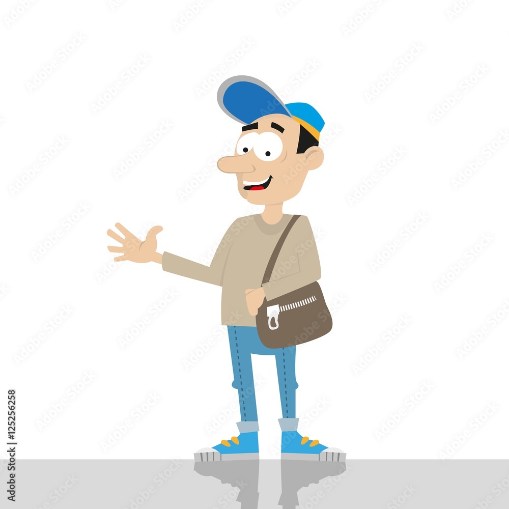 a young man with a bag. worth it. in sports shoes. in jeans. vector illustration of cartoon a young man with a bag. worth it. in sports shoes. in jeans. vector illustration of cartoon